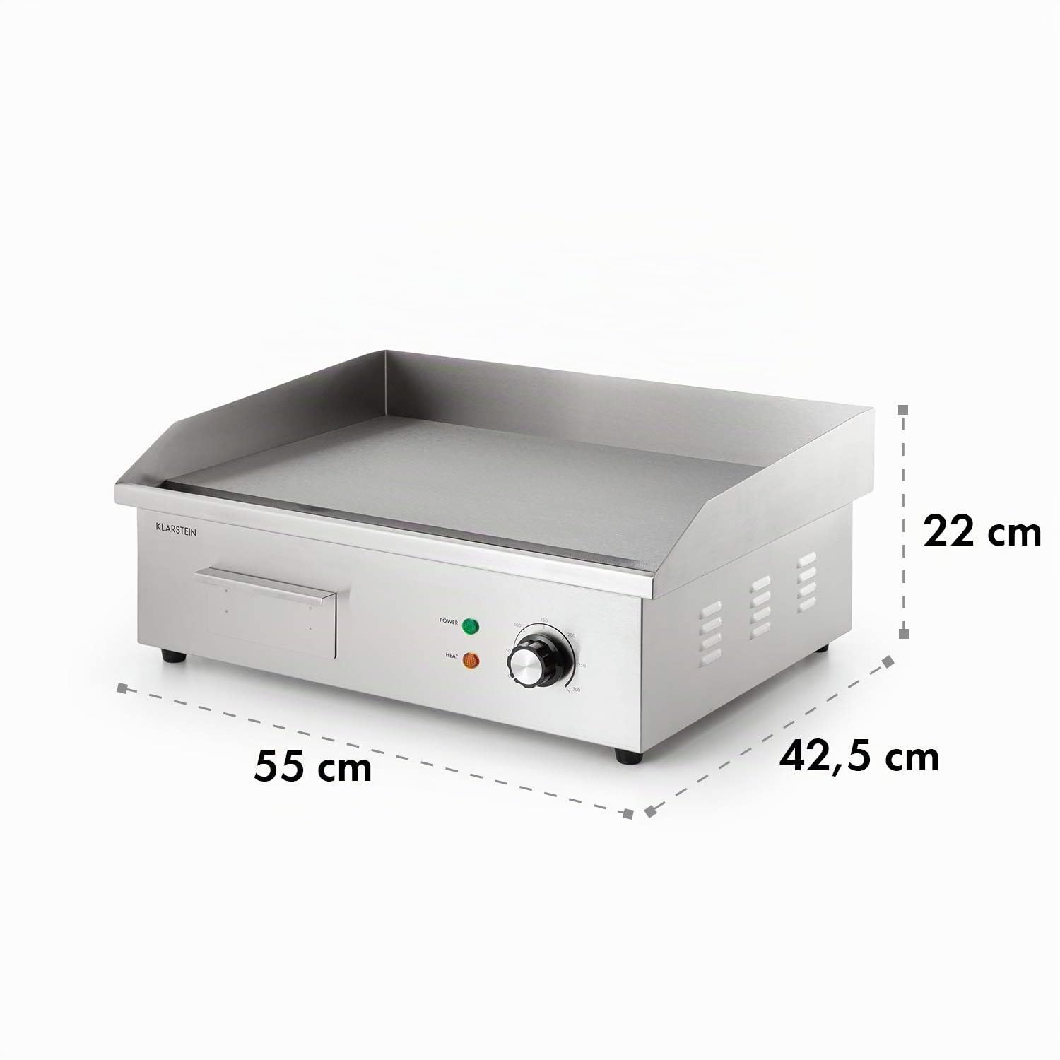 Klarstein Plancha Cocina Eléctrica Profesional l Barbacoa Acero Inoxidable 54,5 x 35 cm, Temperatura 50-300 °C, 3000W l con Bandeja Recoge Grasa, Antisalpicaduras