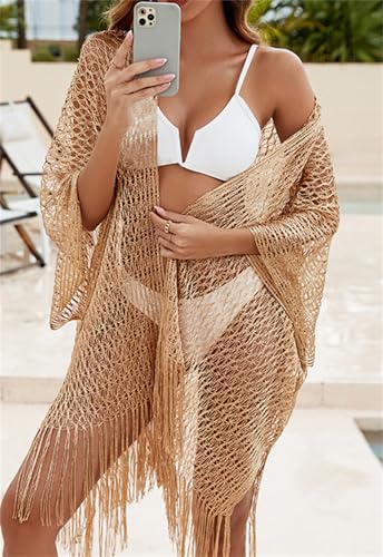 Women's Tassel Shawl Wrap Solid Color Long Cardigan Cover Up Metallic Thread Mesh Beach 40.15 x 27.55 Inches2