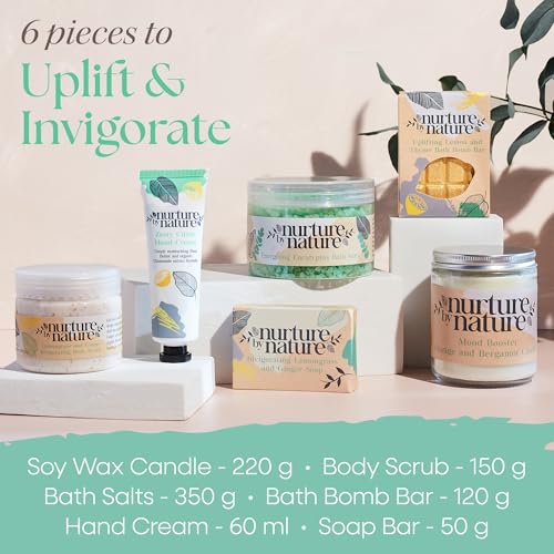 Nurture by Nature RELAX & UPLIFT Spa Kit for Women – Birthday Gifts for Women – 6 Piece Gift Basket with Hand Soap, Body Scrub, Hand Cream & More - Vegan Self Care Kit - Relaxation Gifts for Her