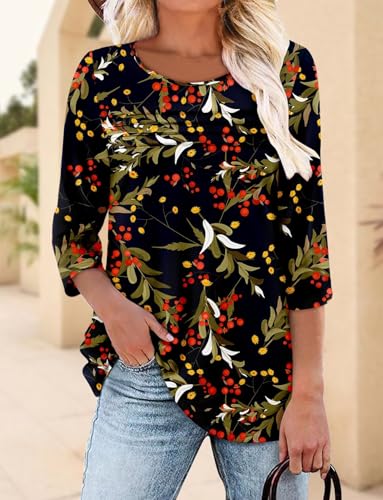 KISSMODA Women's Casual 3/4 Sleeve T-Shirts Round Neck Cute Tunic Tops Basic/Pleated Summer Tops Trendy Spring Blouses