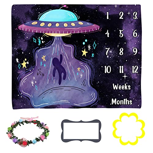 Image of Space Baby Age Blanket, UFO Astronaut Baby Monthly Milestone Blanket Growth Chart Blanket, 48x40 inch Memory Blanket Nurse Receiving Blanket Baby swaddling Blanket BTLSLY259