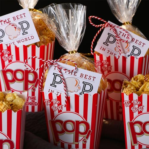 Image of Teenyyou 30 Set Father's Day Popcorn Boxes Best Pop Ever Treat Bag Popcorn Bucket Container Gift Tag with String Funny Dad Gift for Father's Birthday Party