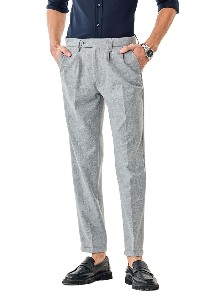 snitch Men Formal Trousers | Relaxed Fit Pleated Front with Turned-Up Cuffs & Check Pattern | Polyester Blend Fabric for Office, Festive & Semi-Formal Occasions-picture-25