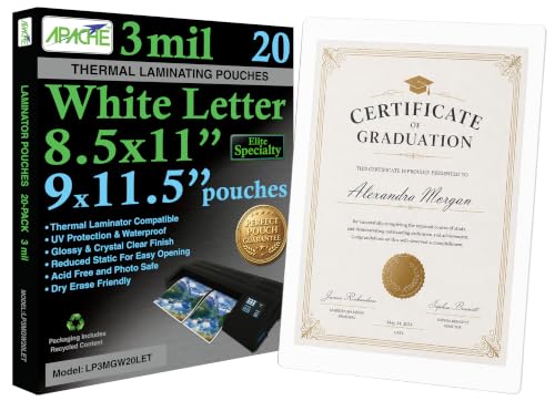 Image of Apache Letter Size White Back Laminating Pouches, 3 Mil, 20 Pack, Holds 8.5 x 11 Inch Projects (9 x 11.5 Inch Pouch Size), Thermal Laminator Compatible Colored Laminating Sheets, Elite Specialty Line
