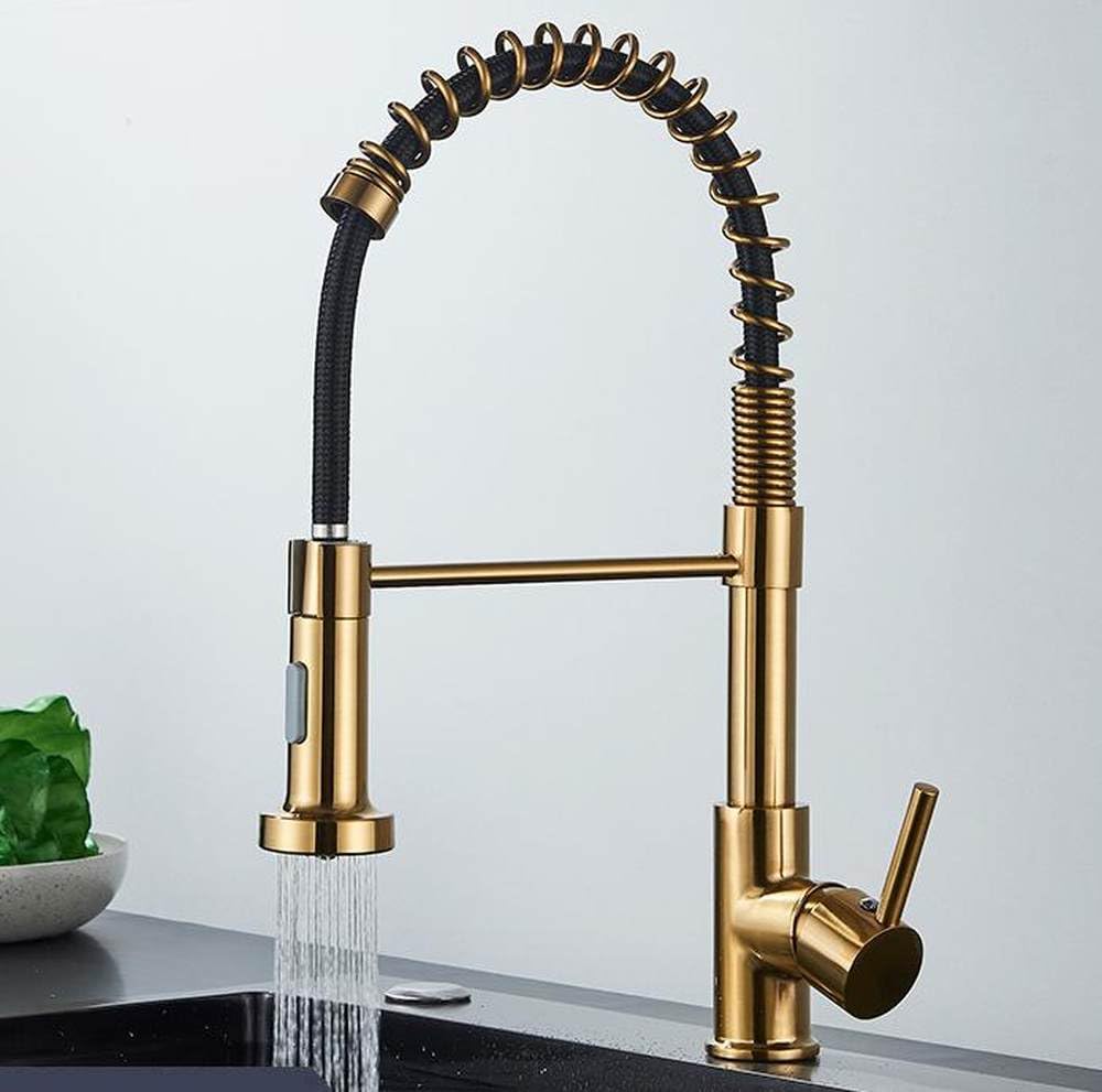 BHFPFZA Modern Matte Black Kitchen Sink Faucet with Pull Down Sprayer Single Handle Mixer Tap with 360 Rotation and Brushed Gold Accents