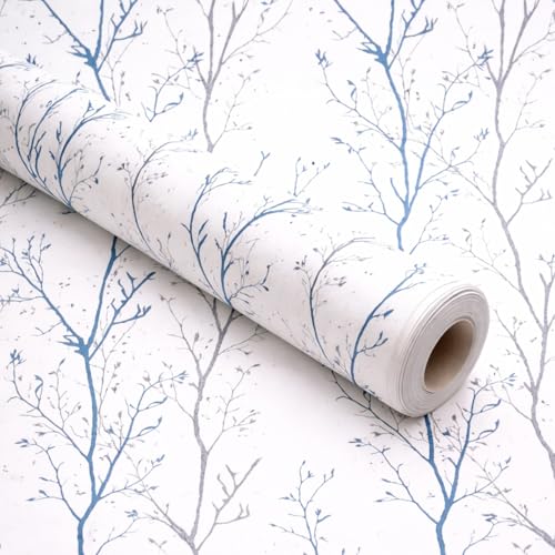 Image of VKR Modern Botanical Tree Branch Wallpaper - Elegant Blue & Grey Design for Living Room, Bedroom & Office Decor | 45x300 cm Self-Adhesive Peel & Stick PVC Wall Sticker