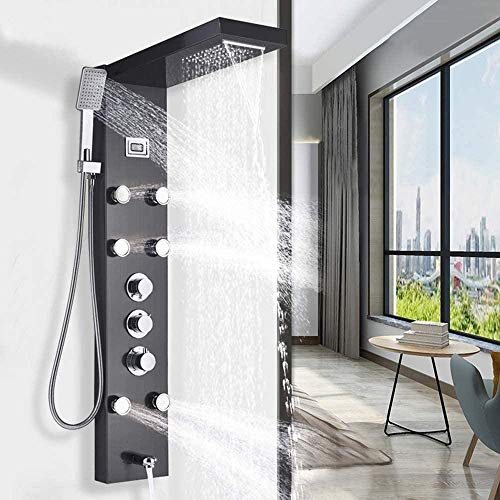 Termostato negro, panel de ducha de acero inoxidable, columna de ducha, grifo de ducha, sistema de ducha, ducha de lluvia, ducha de mano, grifo de ducha de mano, juego de ducha, 6 unidades de masaje