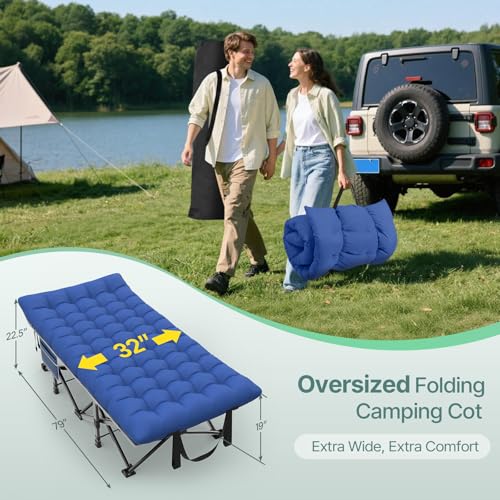 Image of Suteck 32In XXL Folding Camping Cot, 900LBS Heavy Duty Sleeping Cot with Pillow Mattress, 1200D Double-Layer Oxford Portable Cot for Adults with Carry Bag for Home Office Nap Beach Travel