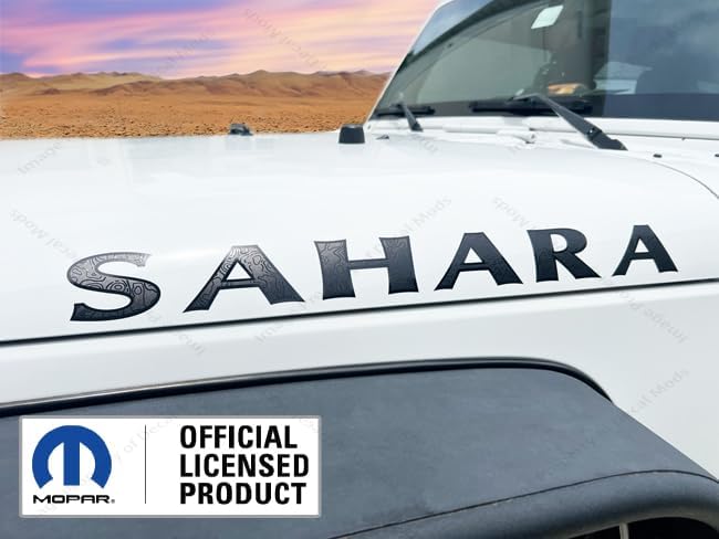 Sahara Hood Graphic Decals fits Jeep Wrangler (2007-2026) (Set of 2) Matte Black with Topo Lines and Black Outline - CB | UV1A5