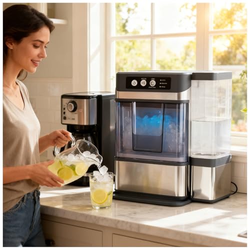 Fabricadora de hielo tipo nugget para encimera, capacidad grande, produce 37,5 lb de hielo en 24 horas, con función de autolimpieza y operación con un solo clic, para fiestas y cocinas (con tanque)