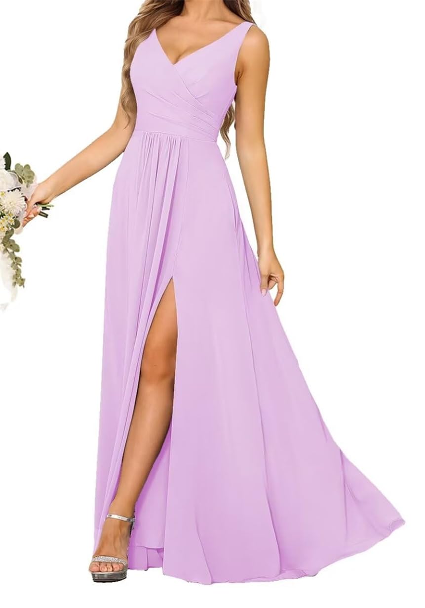 Double V-Neck Princess Bridesmaid Dresses Chiffon Prom Dresses with Slit Formal Evening Party Gown ZM183 Lilac UK10