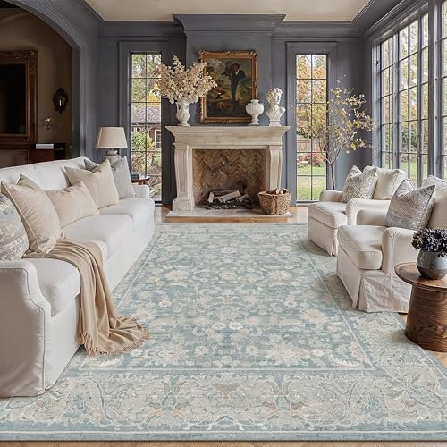 WondRg 8x10 Blue Washable Area Rug Non Slip Retro Distressed Carpet | Soft Low Pile, Lightweight Foldable, Pet Friendly, Living Room, Bedroom, Dining Room, Classroom, Playroom