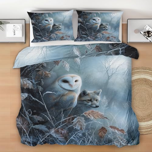 Générique Housse de Couette 200x200 Hibou Renard, Réversible Parure de Lit Forêt d'hiver, Ensemble de literie Microfibre 3 Pièces avec Fermeture Éclair +...