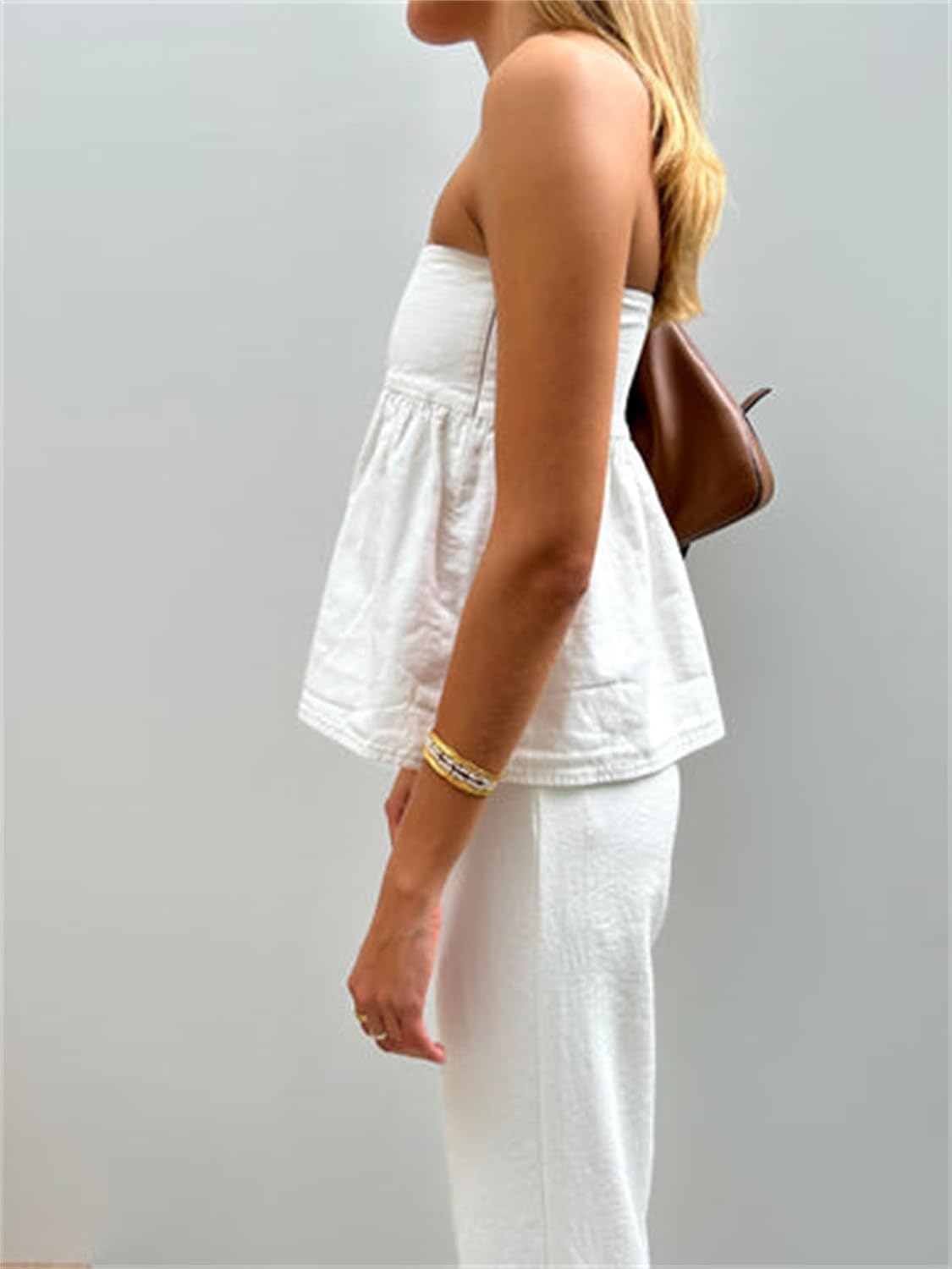 Women Y2K Strapless Backless Ruffle Flowy Tube Top Summer Sexy Off Shoulder Pleated Bandeau Going Out Peplum Top - Image 5