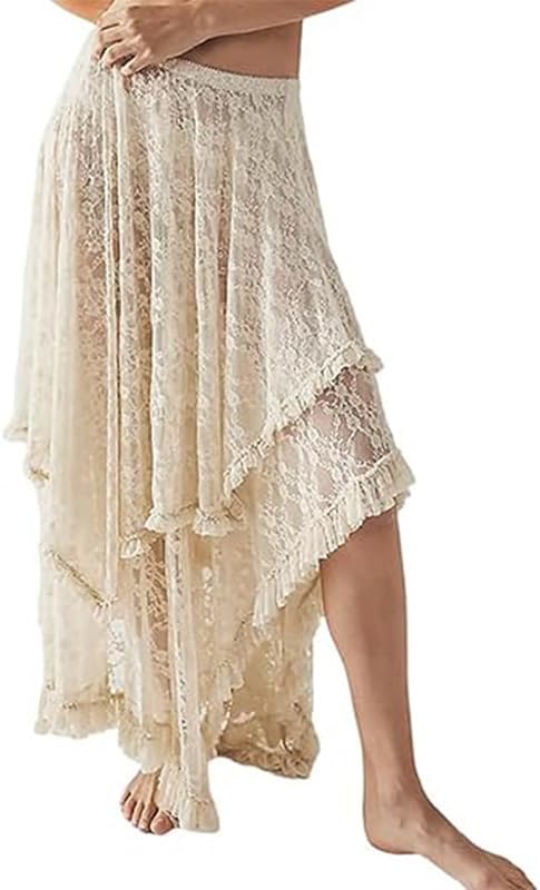 Women Floral Lace Long Skirt Asymmetrical Layered Summer Sheer Maxi Skirts Sexy See-Through Flowy Boho Beach Skirt Small Beige