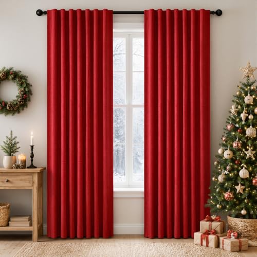 MIULEE 100% Blackout Linen Curtains 42 x 84 Inch Christmas Red 2 Panels