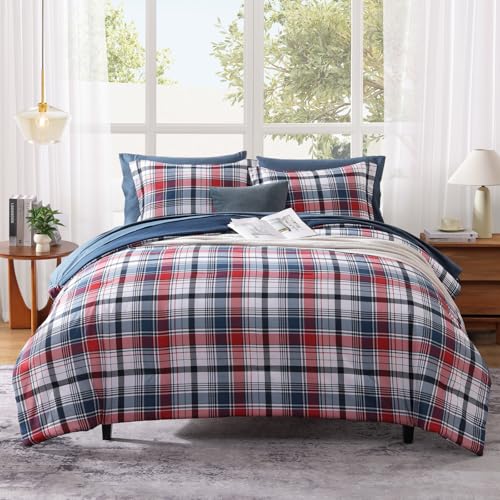 MaiRêve Queen Size Plaid Comforter Set Navy Red, Classic 7
