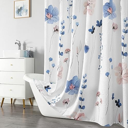 QIYI Small Stall Half Watercolor Floral Shower Curtain, 3D Embossed Butterflies Blue Flower Cloth Bathroom Curtain, Waterproof Fabric White Shower Curtain Set with Hooks by QiyI - Image 2