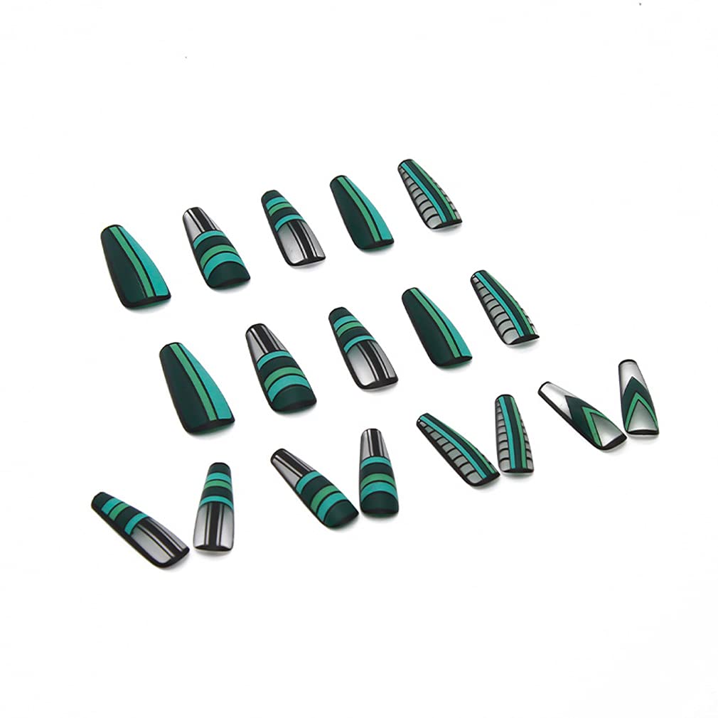 BABALAL Coffin Press on Nails Long Fake Nails Matte Green Glue on Nails Ballerina Acrylic Nails Black Stick on Nails for Women and Girls 24Pcs