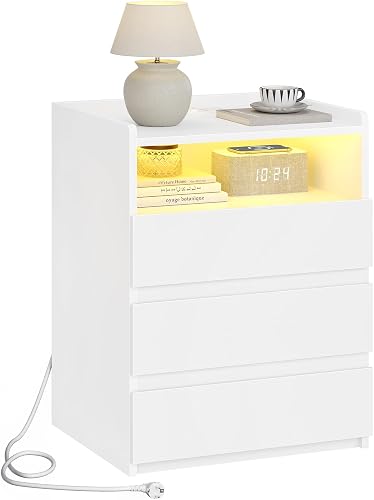 AOGLLATI Table de Chevet avec 2 Rubans LED et Multiprise, Chevet de Lit avec 3 Tiroirs et 1 Compartiment Ouvert, pour Salon et Chambre, Table de Nuit Blanche - 1