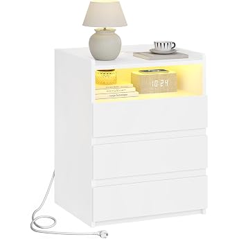 AOGLLATI Bedside Table with Power Strip Bedside Table with Spacious Table Top 3 Drawers and 1 Compartment Side Table with LED Lighting Modern Sofa Table Coffee Table for Living Room Bedroom 1 White