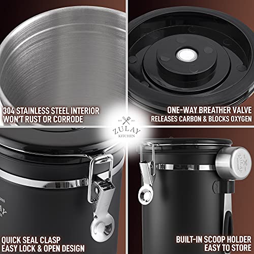 Zulay 21Oz Coffee Canister For Ground Coffee - Stainless Steel Coffee Canisters With Scoop Holder & Date Tracker - Airtight Coffee Container & Coffee Storage For Coffee Jar, Tea, Sugar, Flour (Black) #TOP3