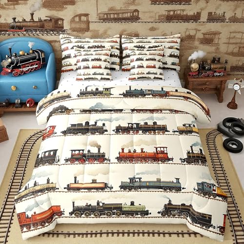 Feelyou Vintage Train Comforter Set Twin 7 Pcs Retro Steam Engine Boys Girls Retro Steam Locomotive Train Bedding Set Vehicle Train Bed in a Bag with Comforter, Sheets, Pillowcases & Cushion Cover