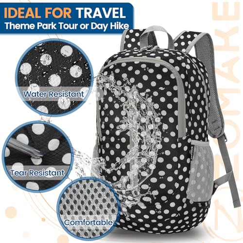 Image of ZOMAKE Ultra Lightweight Packable Backpack 25L, Foldable Hiking Backpacks Water Resistant Small Folding Daypack for Travel(Black, White Polka Dot)