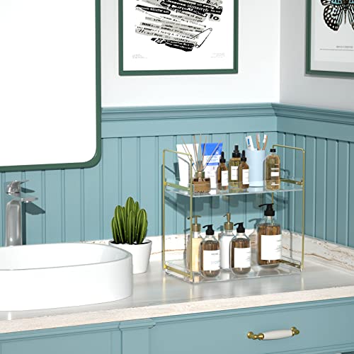 Bathroom Countertop Organizer, 2 Tier Acrylic Tray Vanity Counter Skincare Organizer Shelf, Kitchen Under Sink Standing Rack, Home Storage Holder For Lotion Makeup Cosmetics Perfume Spice, Gold #TOP3