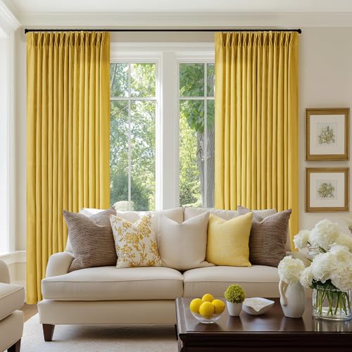 Image of Gold Yellow Linen Pinch Pleated Curtains 108 Inches Long 2 Panels for Living Room Bedroom Light Filtering Drapes 108 Inch Length Mustard Yellow Semi Sheer Memory Shape Trained Ceiling Floor Curtain