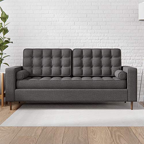 Edenbrook Lynnwood Upholstered Sofa with Square Arms and Tufting-Bolster Throw Pillows Included, Charcoal