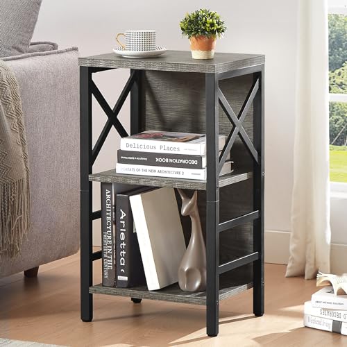 MNEETRUNG Small Bookcase,3 Tier Industrial Bookshelf with Metal Frame and Backboard,Low Grey Book Shelf,Book case for Small Spaces の商品画像 1