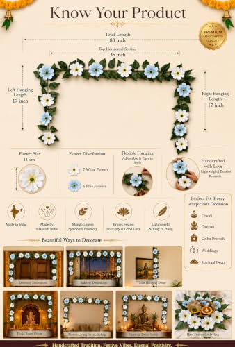 Image of Divyakosh Mango Leaf Vine with White & Blue Cosmos Flowers (6.5 FT) for Door Entrance Decor Creeper | Artificial Flowers Garland,Thoran,Festive Puja Wall Hanging for Diwali Navratri Ganpati Home Decor