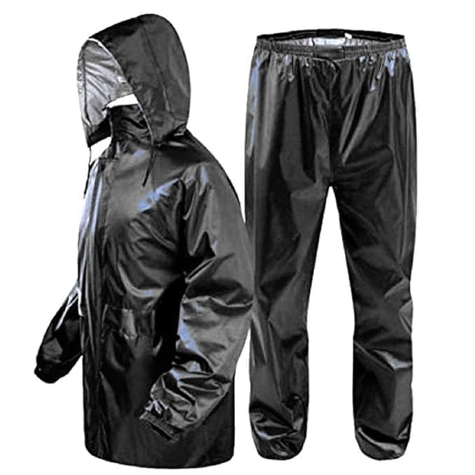 Men's Black Waterproof Rain Coat with Pants Polyester Rain Coat For Men Bike Rain Suit Rain Jacket Suit Mobile Pocket with Storage Bag