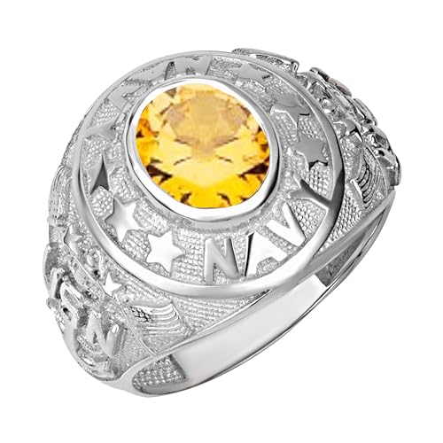 Claddagh Gold .925 Sterling Silver Solid Gold U.S. Navy Licensed Men's Ring with Oval Lab-Created Gemstone with Multiple RingSize