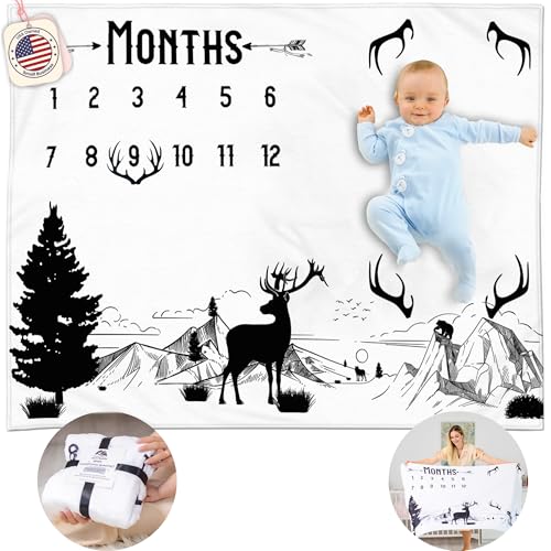 Image of KEMINA BLANKETS Baby Boy Milestone Blanket – 50x40, Soft Fleece, Woodlands Deer & Mountain Theme, Black & White Rustic Design, Includes Felt Frame, Monthly Growth Photos, Newborn Gift & Baby Shower