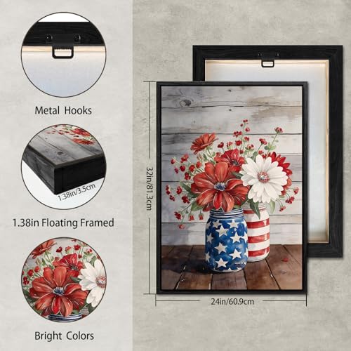 Image of Wildflower Field Framed Canvas Wall Art, 4th of July Red White Blue Canvas Prints, Flowers and Stripes Patriotic Decorations, Independence Day Wall Decor for Bedroom Living Room Office 24x32