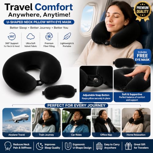 Image of Travel Neck Pillow for Adults, Fiber Filled U-Shaped Neck Support Pillow with Button Closure, Soft Plush Neck Cushion for Airplane, Car, Office & Travel (Black)