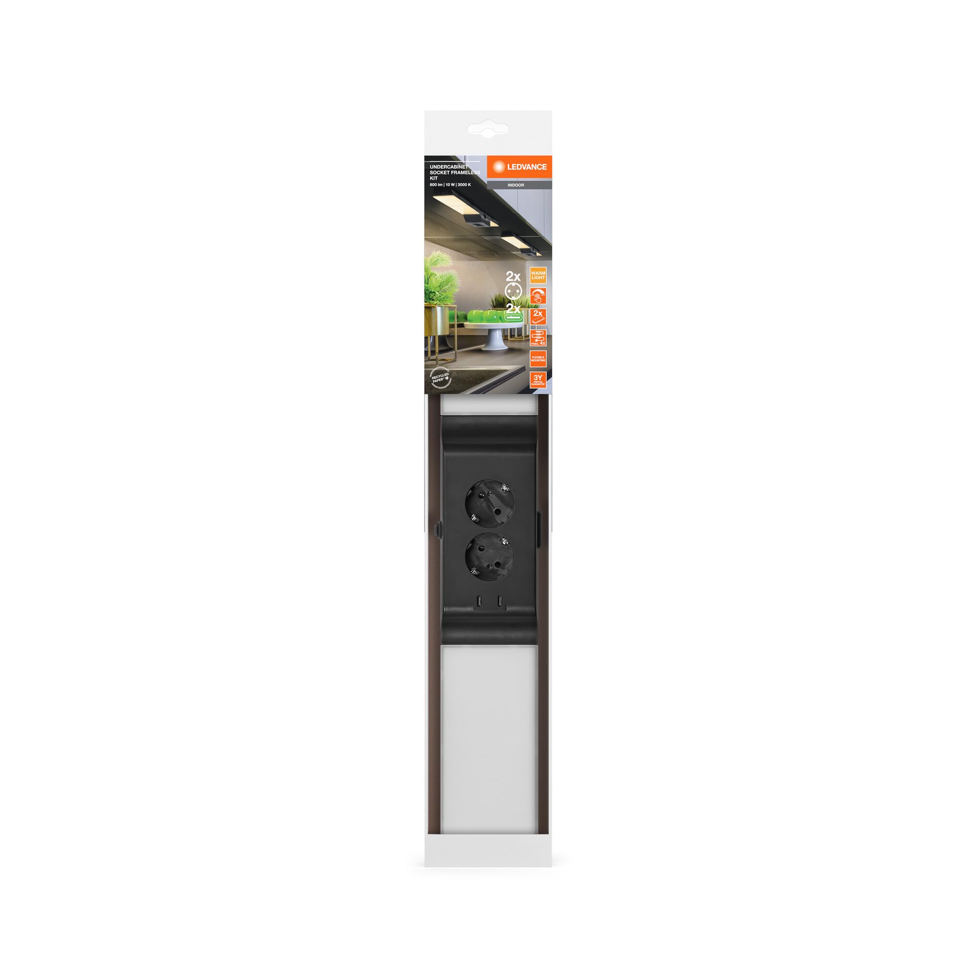 LEDVANCE Frameless under-gabinet light kit with sockets and USB-C charging stations flood, 10W, 500 lm, 3,000 K, 830 warm white, regulable, black, plastic (PC), IP20