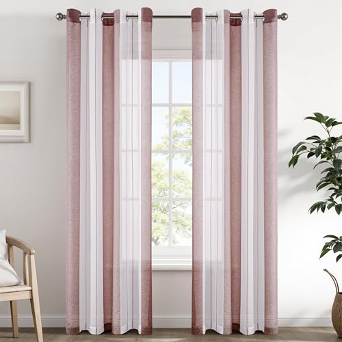EMEMA Tende a righe trasparenti con occhielli Tende in voile Soggiorno moderno Set di 2 tende Camera da letto Trasparente con motivo Tenda a righe semitrasparente 140 x 245cm Bianche e Rosa Antico