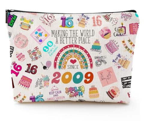 Sweet 16 Birthday Makeup Bag Gifts for Girls, Her, Teenage Girls, Sister, Daughter, Granddaughter, 2009 Funny 16th Year Old Girl Gifts Ideas Birthday Decorations, Cosmetic Travel Pouch