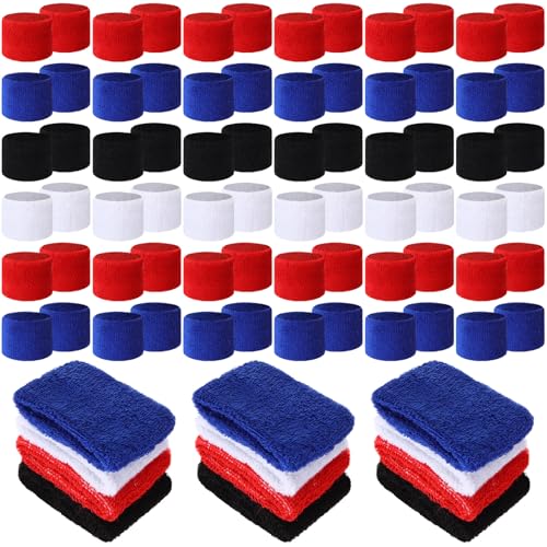 Lounsweer 72 Pcs Wrist Sweatbands Bulk for Kids Teams Sweat Bands Sports Fan Wristbands Wristband Athletic Sports Kids Sweatbands for Field Day Gym Party (Red, Royal Blue, White, Black)