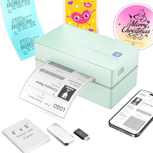 Bluetooth Thermal Shipping Label Printer: 4x6 Wireless Label Maker with Tape for Small Business - Compatible with iPhone, Android, Windows & Mac, Widely Used for USPS UPS Amazon Shopify, Green