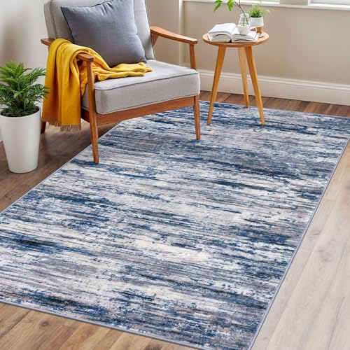 3x5 Navy Blue Gray Neutral Multi Modern Abstract Rug for Farmhouse, Super Soft Washable Rug with Non-Slip, Low-Pile Indoor Door Area Rug for Living Room Bedroom, Carpet with Non-Shedding
