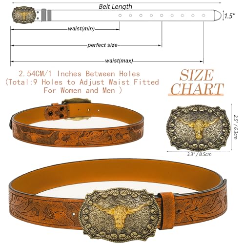 IZUS Women Western-Cowboy-Belt Floral-Embossed 1-1/2"W PU-Leather Cowgirl-Waist-Strap W/Longhorn-Bull-Buckle Men Jeans4
