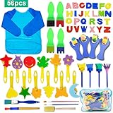 🎁【Herramientas de dibujo de bricolaje para niños】56 piezas de pinceles para pintar con esponja para ayudar a los niños a un desarrollo temprano en su dibujo, artes, socialización, imaginación y creatividad. El delantal impermeable adicional puede proteger la ropa del niño de la suciedad.