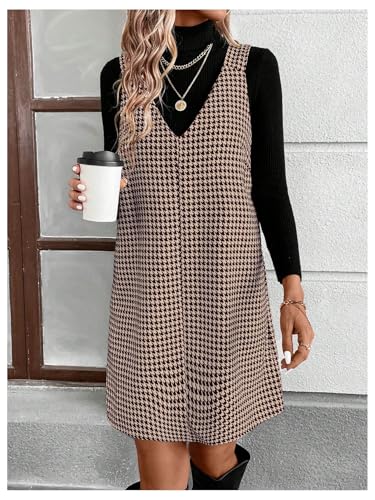 OYOANGLE Women's Houndstooth Print V Neck Overall Dress Sleeveless Pinafore Short Dresses2