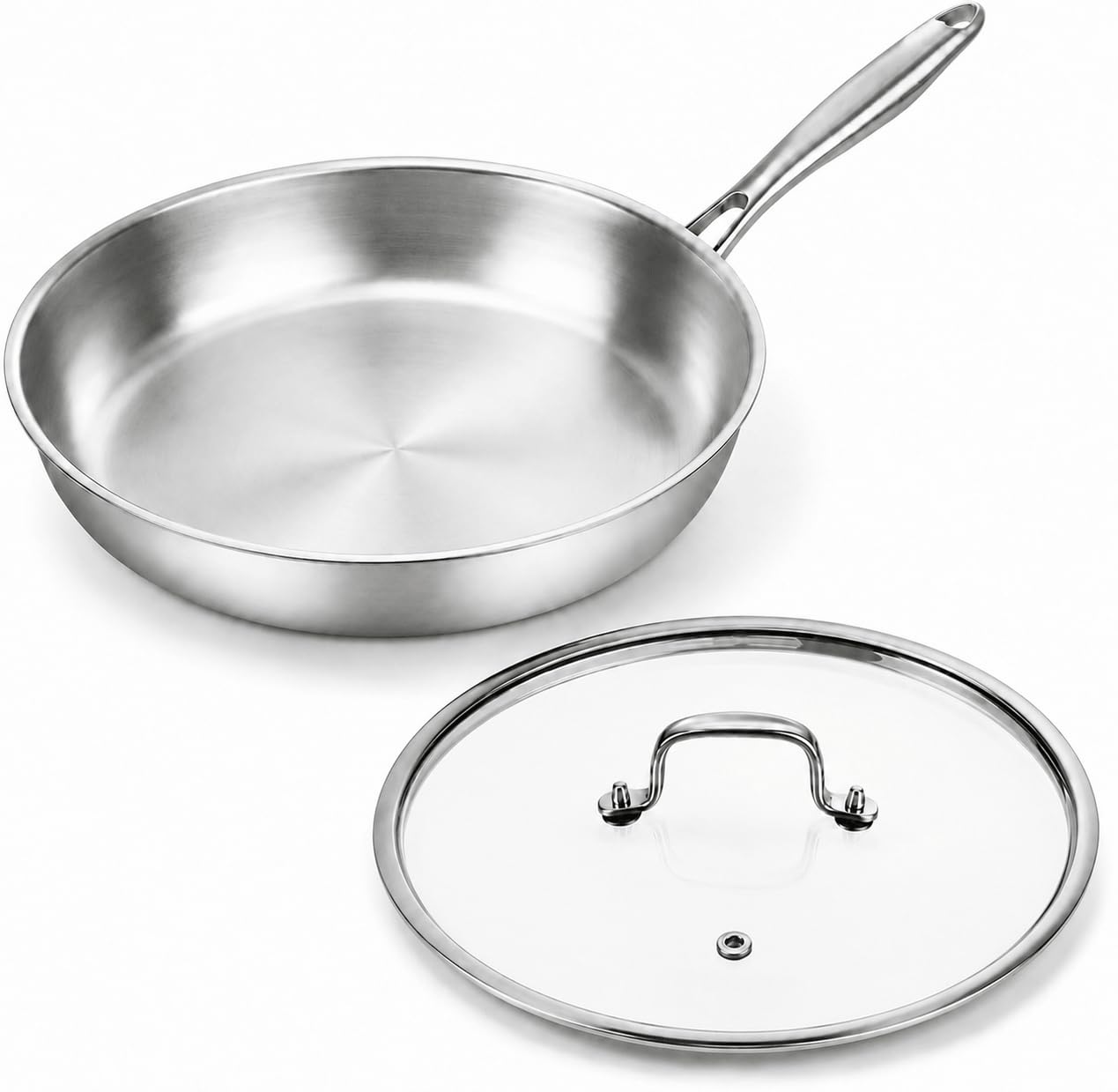 Nontoxicook Uncoated Tri-Ply Stainless Steel Pan, 26cm Frying Pan with Lid, PTFE & PFOA Free, Compatible with All Cooktops Up to 315℃, Fast & Even Heat, Durable Skillet, Induction Cooking Pan