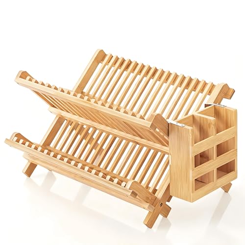 QUEENKAY Dish Drying Rack Collapsible 2-Tier Bamboo...