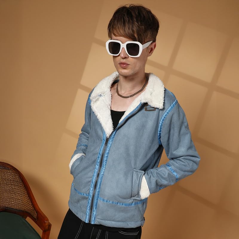 Image of Campus Sutra Men's Icy Blue & Chalk White Fleece Lined Biker Jacket For Casual Wear | Spread Collar | Long Sleeve | Zipper Closure | Jacket Crafted With Comfort Fit For Everyday Wear